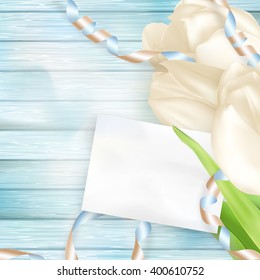 Tulip bouquet and blank greeting card. Top view over white blue wooden table. EPS 10 vector file included