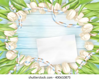 Tulip bouquet and blank greeting card. Top view over white blue wooden table. EPS 10 vector file included