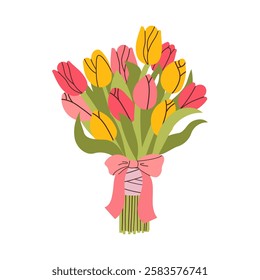 Tulip. Bouquet of colorful tulips. Perennial flower. Spring Summer. The stems are broad leaved. White background. Used for collages and stickers in web design, for cards and congratulations.