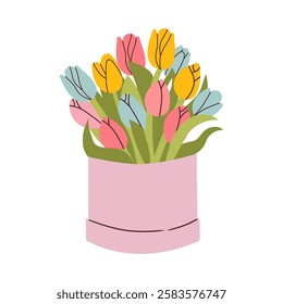 Tulip. Bouquet of colorful tulips. Perennial flower. Spring Summer. The stems are broad leaved. White background. Used for collages and stickers in web design, for cards and congratulations.