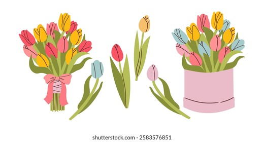 Tulip. Bouquet of colorful tulips. Perennial flower. Spring Summer. The stems are broad leaved. White background. Used for collages and stickers in web design, for cards and congratulations.