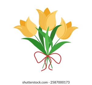 Tulip. Bouquet colorful tulips. Perennial flower. Spring Summer. The stems are broad-leaved. Close-up  for cards and congratulations, isolated on white background.