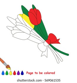 Tulip Bouquet, the coloring book to educate preschool kids with easy gaming level, the kid educational game to color the colorless half by sample.