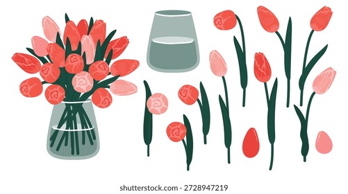 Tulip bouquet designer. Botanical elements set isolated on a white background. Cartoon blooming flowers in a glass vase and individual plants with stem, leaf and bud. Vector springtime illustration.