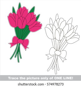 Tulip Bouquet of Five Tulips. Dot to dot educational game for kids. Trace only of one line.