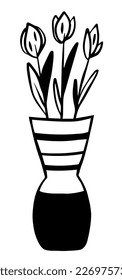 Tulip bouquet in flower vase in doodle style. Vector black and white illustration