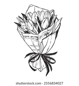 Tulip bouquet icon, flower line hand drawn illustration vector romantic Valentine day bride surprise. Floral doodle clipart, blossom bunch love botanical graphic, ribbon bow. Tulip bouquet elegant art