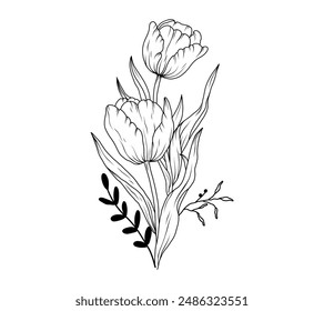 Boceto de arte de la línea del ramo de Tulip. Ramo de primavera dibujado a mano con contorno floral. Tulipanes floral negro vintage lineal ramo Ilustración vectorial