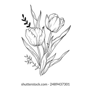 Boceto de arte de la línea del ramo de Tulip. Ramo de primavera dibujado a mano con contorno floral. Tulipanes floral negro vintage lineal ramo Ilustración vectorial