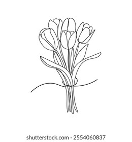 Tulip Bouquet. Line drawing, one solid line for greeting card design