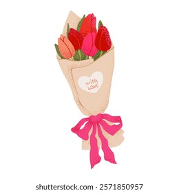 Tulip bouquet. Lush of spring fresh flowers wrapped in gift paper for Valentines day, Mother's Day, Birthday, stickers, cards, banners. Hand drawn vector illustration.