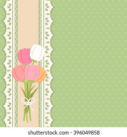 Tulip bouquet  on polka dot background vintage style, Greeting card, template or background