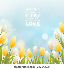 Tulip bouquet over blurred background. Vector illustration.