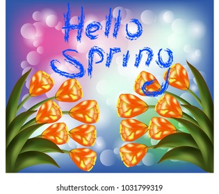 Tulip bouquet over white background with custom text Hello Spring. Vector illustration.