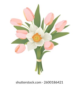 Tulip bouquet. Pink tulips and white daffodil for Mothers day, Womens day or Birthday cards, decoration, postcard, banner, advertising, sticker. Spring flower arrangement vector isolated illustration.