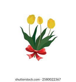 Tulip. Bouquet of three tulips with a red bow. On a transparent background. Perennial flower. Spring Summer. The stems are broad-leaved. Close-up. 