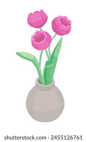 Tulpenstrauß in Vase - handgezeichnete isometrische Vektorillustration.