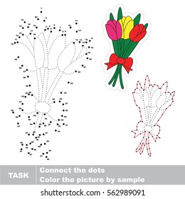 Tulip Bouquet in vector to be traced by numbers, the dot-to-dot educational kid game with simple gaming level for preschool kids.