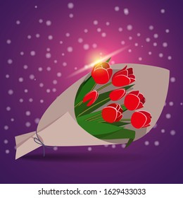 Tulip bouquet. Vector illustration. Red spring flowers with green leaves.