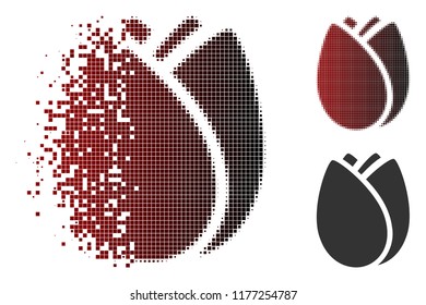 Tulip bud icon in dissolved, dotted halftone and undamaged entire versions. Pieces are composed into vector sparkle tulip bud symbol.