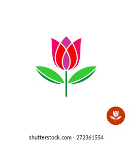 Tulip Bud With Leaves Vector Logo. Simple Symmetry Flat Style.