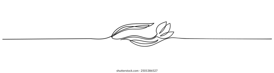 Tulip with bunch of leaves one line art horizontal view. Continuous line drawing of tulip flower. Hand drawn tulip. 