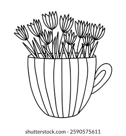 Tulip buquet in cup vector colcoring page