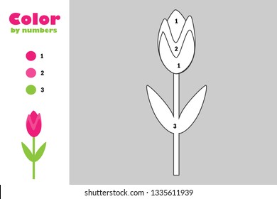 Tulip in cartoon style, color by number, education paper game for the development of children, coloring page, kids preschool activity, printable worksheet, vector illustration