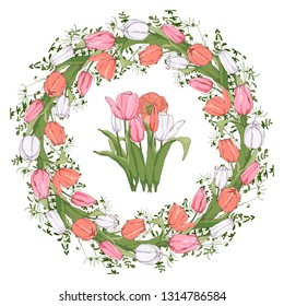 tulip circle frame with elements for floral design vector isolated