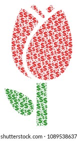 Tulip collage of dollar symbols and circle dots. Vector dollar currency signs are organized into tulip illustration.