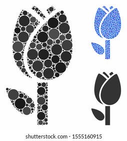 Tulip composition of small circles in various sizes and color tinges, based on tulip icon. Vector small circles are combined into blue composition. Dotted tulip icon in usual and blue versions.