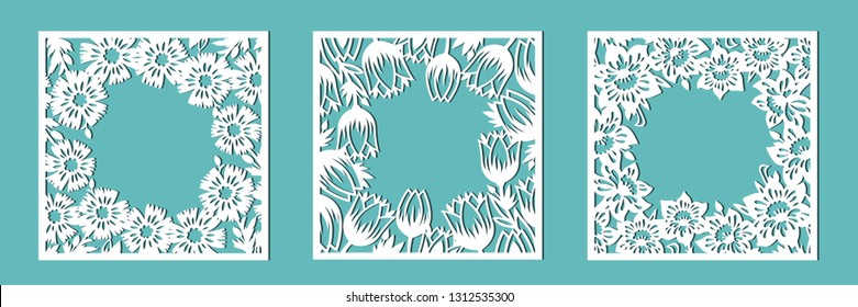 Tulip, Cornflower, Daffodil. A Set Of Floral Frames For Cutting Out Of Paper, Laser Or Plotter. Vector