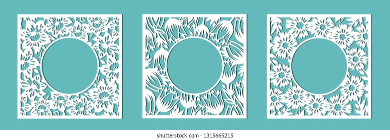 Tulip, cornflower, daffodil. A set of floral frames for cutting out of paper, laser or plotter. Vector