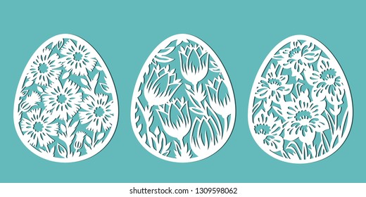 Tulip, cornflower, daffodil in the shape of an egg. Decorated eggs for Easter holidays. A set of templates for cutting paper, laser cutting and plotter. Vector.