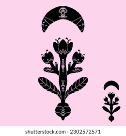 Tulip and crescent. Black symmetrical composition. In the style of linocut. Scandinavian rustic ornament. Element for design