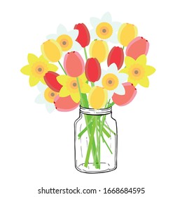 Tulip, daffodils bouket in jar. Art spring yellow, red, pink, white flowers design element stock vector object iolated for web, for print