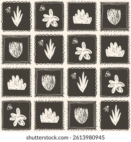 Tulip, daisy flowers seamless pattern. Linocut block print floral stencil on vintage frames allover background. Rectangle marker drawn repeat cover. Vector hand drawn monochrome spring motif.