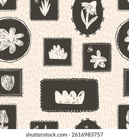 Tulip, daisy flowers seamless pattern. Block print floral stencil on vintage frame allover background. crayon drawn repeat cover. Surface pattern design spring. Vector hand drawn illustration.