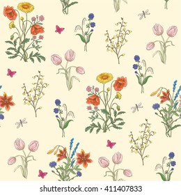 Tulip, dandelion, cornflower, delicate flower, vector pattern. wildflowers, poppy, chamomile, background