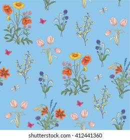 Tulip, dandelion, cornflower, delicate flower, vector pattern. wildflowers, poppy, chamomile, background