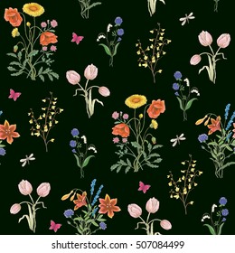 Tulip, dandelion, cornflower, delicate flower, vector pattern. wildflowers, poppy, chamomile, background