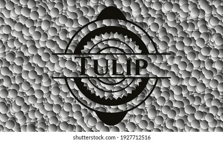 Emblema oscuro tulipán con fondo de burbujas. Ilustración vectorial. Detallado. 
