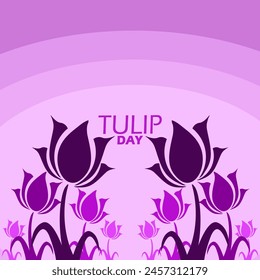 Anuncio del evento Tulip Day. Ilustración de tulipanes morados sobre fondo morado claro para celebrar el 13 de mayo