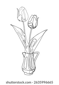 A tulip with defined shading and contour lines sits in a structured vase, highlighting its elegant form.