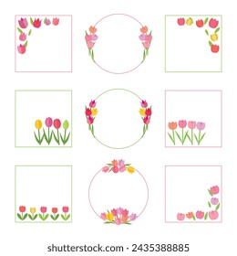 Tulip design frame set, banner and corner parts, vector illustration.