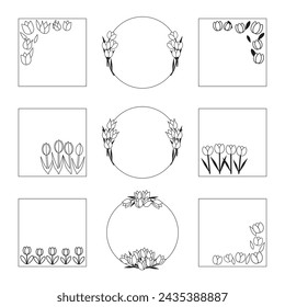 Tulip design frame set, banner and corner parts, vector illustration.