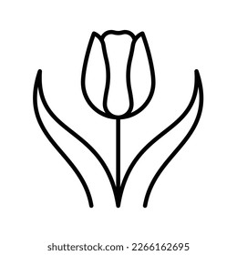 Tulip, editable icon. Blooming springtime flower with leaves. Perfect botanical illustration for a label, flower shop, cosmetology. Editable thin strokes, flat vector