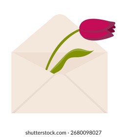 Tulipán en un sobre. Ilustración vectorial aislada sobre fondo blanco.