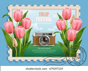 Anuncios de festival Tulip, Anuncios de concepto de viajes para agencia de viajes y sitio web en 3d ilustración, elegante sello de tour de temporada de flores con tulipanes y cámara