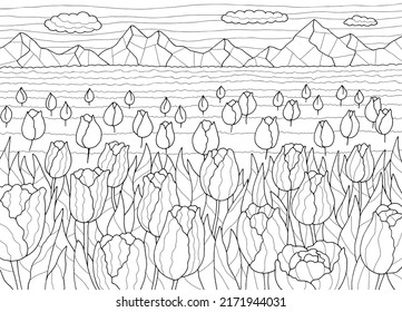 Tulip-Feldfarben, schwarz-weißer Landschaftsskizze, Vektorgrafik